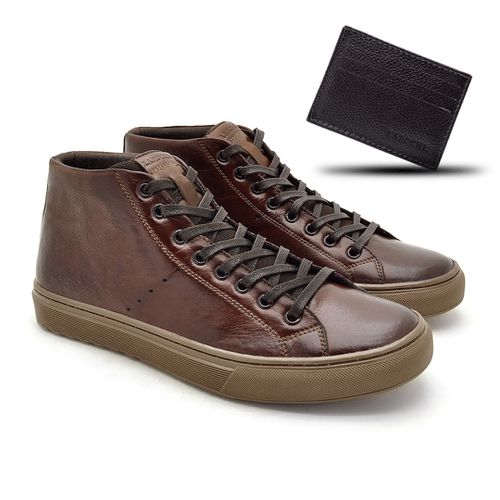 Sapatenis Casual Masculino Connect em Couro - Brown + Brinde Porta Cartão