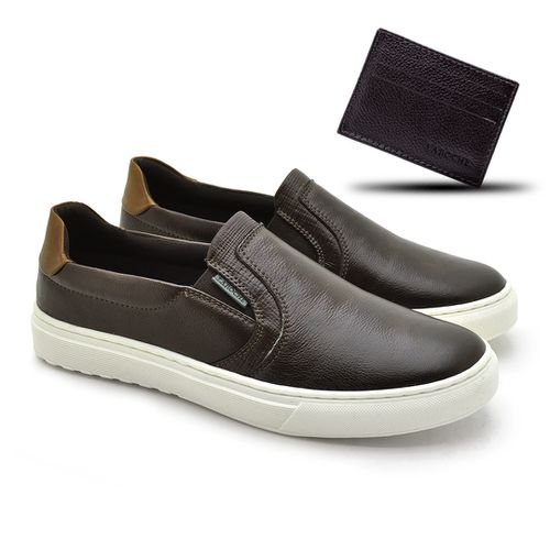 Slip On Iate Masculino Connect em Couro - Café + Brinde Porta Cartão