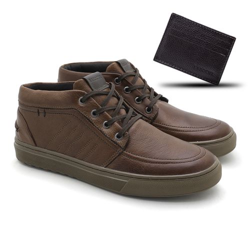 Sapatênis Casual Masculino Connect em Couro - Brown + Brinde Porta Cartão