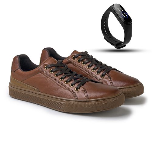 Sapatenis Connect em Couro Brown Brinde Rel gio Digital Preto