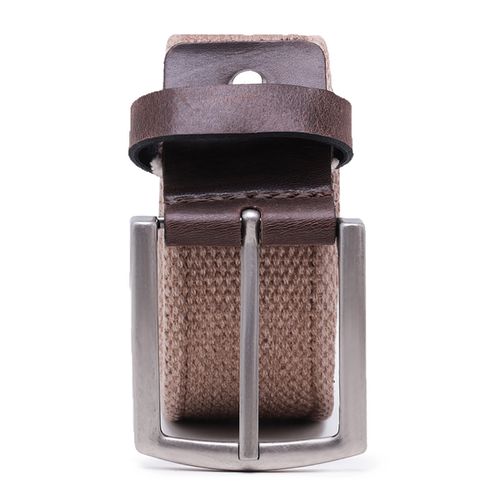 Cinto masculino casual em gorgurão cor bege envelhecido e couro legítimo marrom 4 cm largura - Loja Pierrô | Calçados Masculinos e Femininos