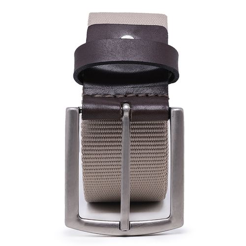 Cinto masculino casual em gorgurão cor bege e couro legítimo marrom 4 cm largura - Loja Pierrô | Calçados Masculinos e Femininos
