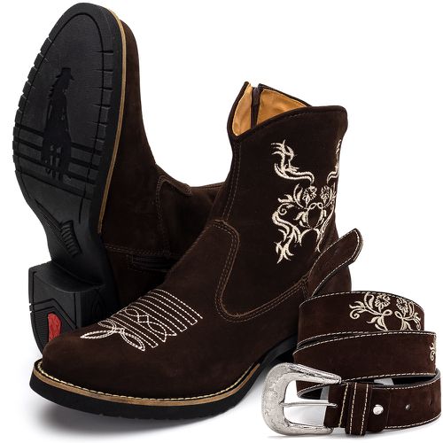 Kit Bota Texana conforto cano médio salto baixo e cinto couro legítimo cor marrom - Loja Pierrô | Calçados Masculinos e Femininos