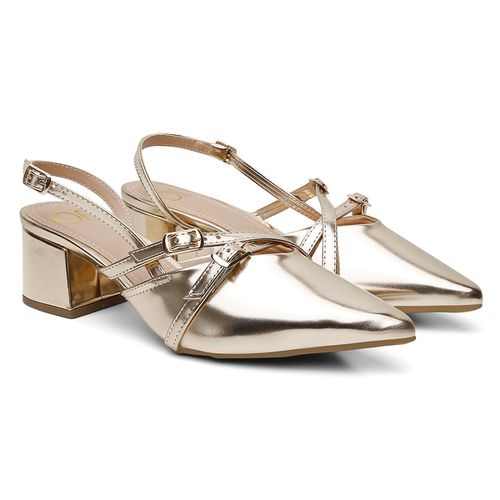 Sapato Feminino Scarpin Salto Bloco Dourado Slingb... - LOJASANTAROSA