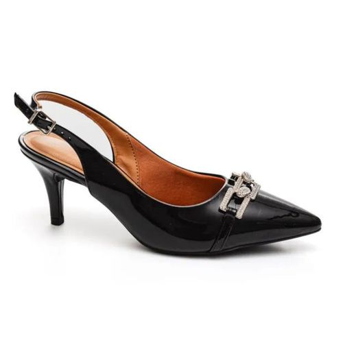 Sapato Feminino Scarpin Verniz Preto Detalhe Prata... - LOJASANTAROSA