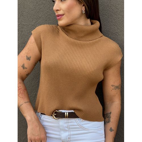 Blusa Tricot Gola Alta Heloisa BEGE ESCURO - 00097... - LOJA TUTTI FRUTTI