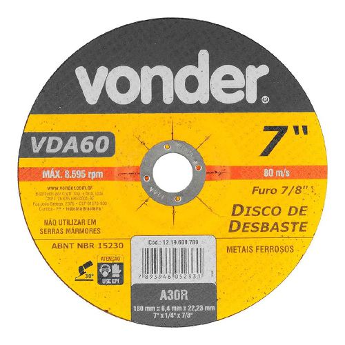 Disco de Desbaste 180MM - G-30 VDA-60 12.19.600.700 Vonder - Mabore