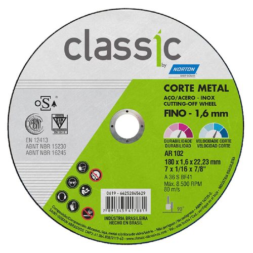 Disco de Corte Classic 180,8X1,6x22,23mm 66252845629 Norton - Mabore