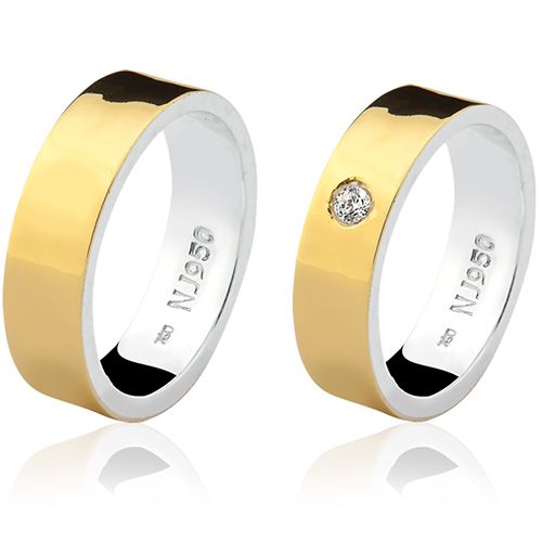 Par de Aliança Casamento/Noivado Mista em Ouro 18k/750 e Prata 950 AL150