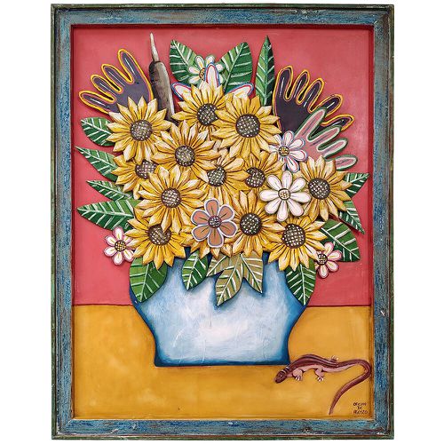 Ânfora com flores e lagartixa na moldura azul - Co... - OFICINA DE AGOSTO