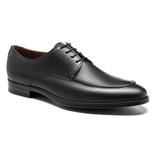 Sapato social masculino Derby na cor preta da Salerno Prime, confeccionado em couro legítimo, com design sofisticado e ideal para ambientes formais e eventos especiais.