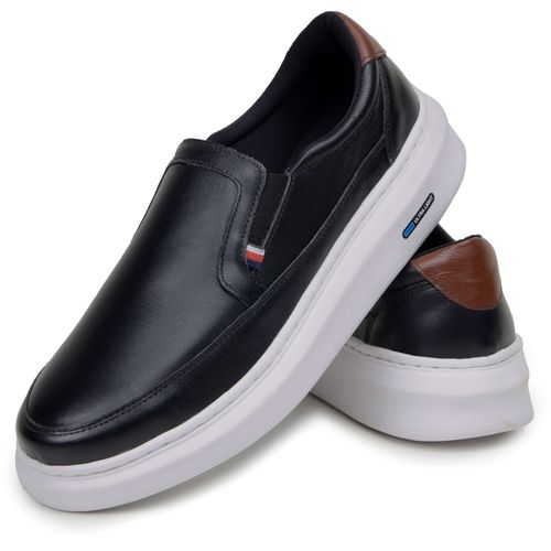 Sapatenis Mocassim Masculino Leve Confortável Em Couro 100% Legitimo Parra Boots - Preto/Branco