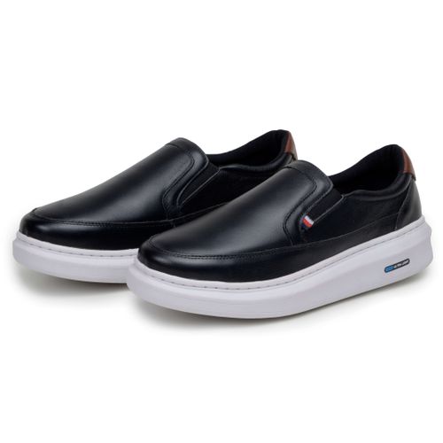 Sapatenis Mocassim Masculino Leve Confortável Em Couro 100% Legitimo Parra Boots - Preto/Branco