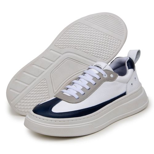 Sapatenis Masculino 100% Couro Legitimo Moderno Confortável Casual 5800 - Branco/Azul