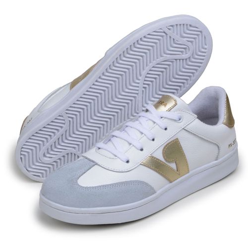 Sapatenis Feminino 100% Couro Legitimo Moderno Confortável Detalhado PX-337 - Branco/Dourado