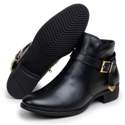 Botinha Feminina Chelsea Com Fivela Lateral Cano Curto Couro 100% Legítimo Preta