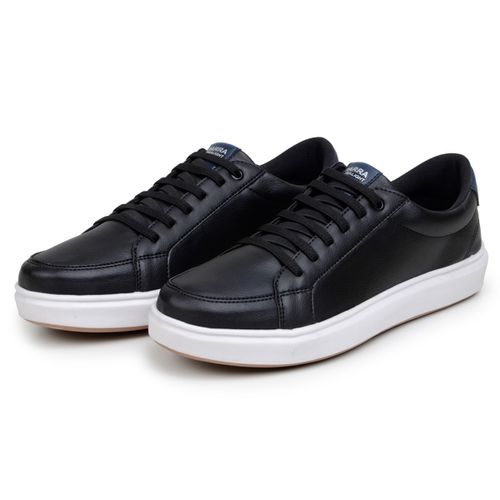 Tênis Masculino Slip Casual Leve E Confortável 100% Couro Eco. - Preto/Branco
