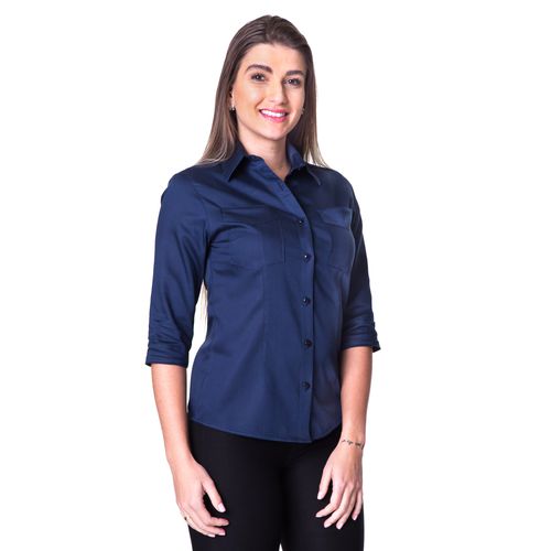 Blusa Azul Social Feminina Manga 3/4 Christie