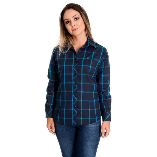 Blusa Feminina Xadrez Azul Manga Longa Giullia