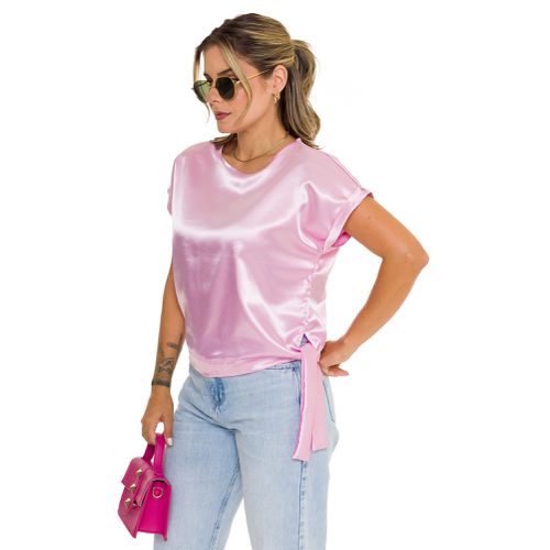 Blusa Rosa Claro de Cetim Laço Queens