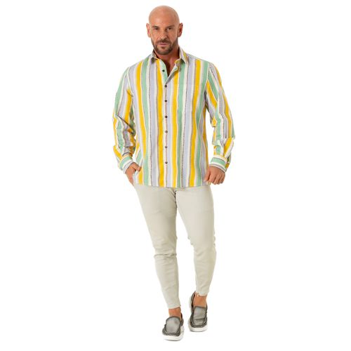 Camisa Regular Listrada Linho/Algodão Colombia