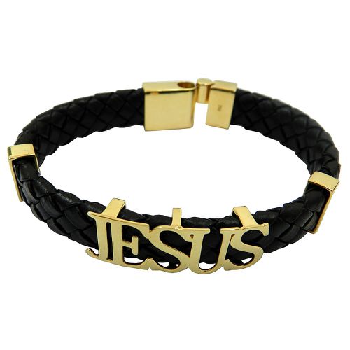 Pulseira com o nome Jesus em Ouro 18k Couro e feche Magnetico