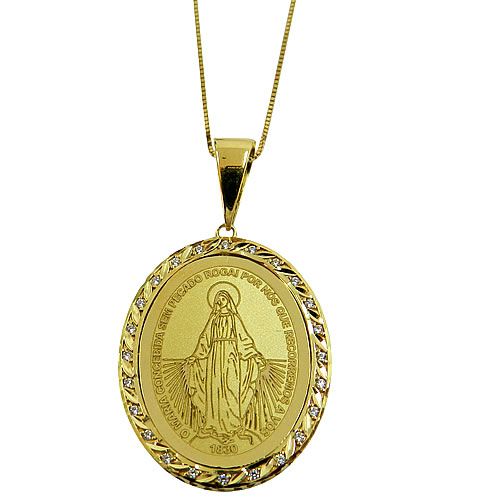 Medalha Maria Concebida Sem Pecado em Ouro 18k com Zircônias