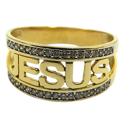 Anel Jesus em Ouro 18K com Zircônias