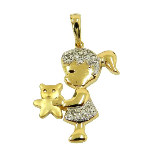 Pingente Menina com Urso em Ouro com Brilhantes 