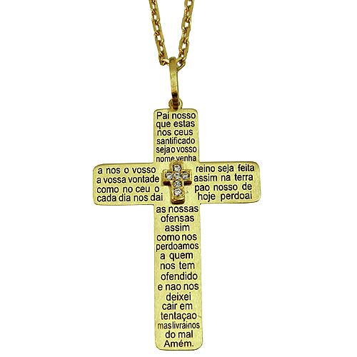 Crucifixo Oração do Pai Nosso em Ouro 18K cravejado com Zircônia