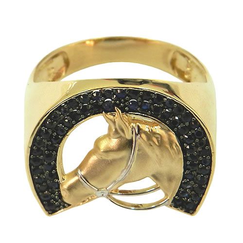 Anel de Cavalo em Ouro 18K com Safiras Azuis