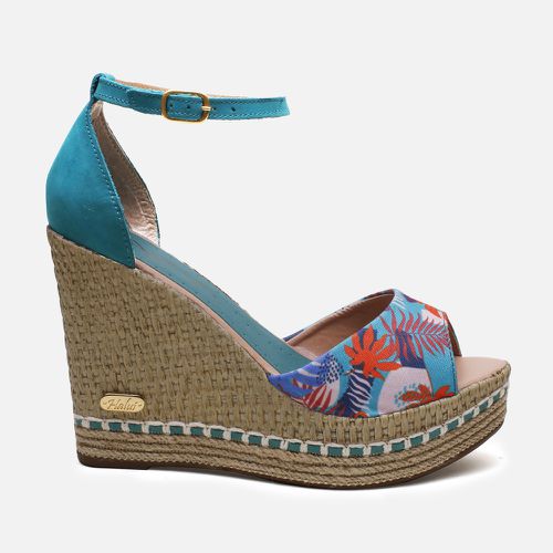  Sandália Anabela Carol Floral Turqueza em Couro ... - SBSHOES