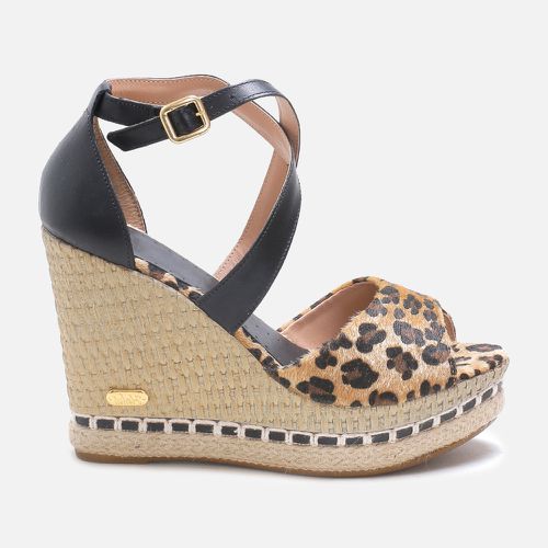 Sandália Anabela Sofia com tiras de Couro Onça/Pre... - SBSHOES