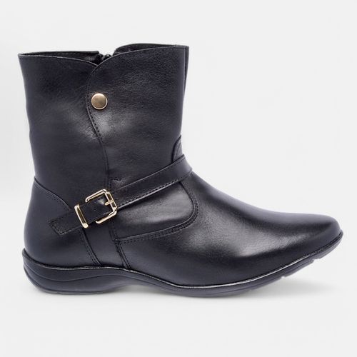 Bota Feminina Cano Curto Flat Fiorella Em Couro Pr... - SBSHOES