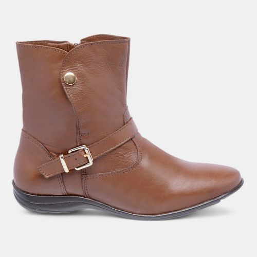 Bota Feminina Cano Curto Flat Fiorella Em Couro Ca... - SBSHOES