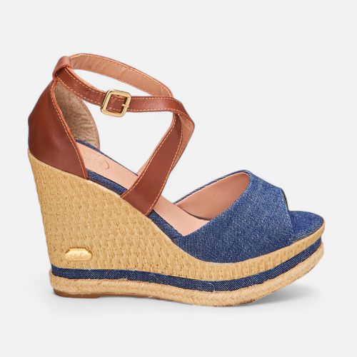 Sandália Anabela Sofia com Tiras de Couro Marinho/... - SBSHOES