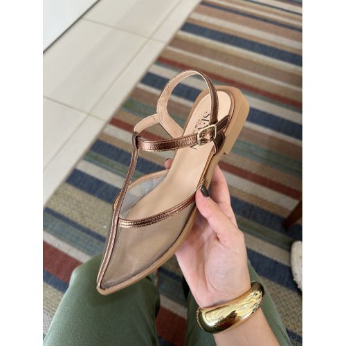 LIDIANE - SAPATILHA FEMININA COURO E TELA BRONZE