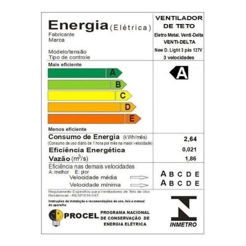 VENTILADOR DE TETO VENTI-DELTA NEW DELTA 3 PALETAS BRANCO 3 VELOCIDADES