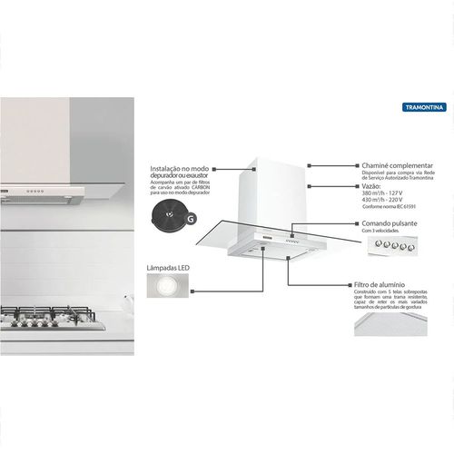 COIFA TRAMONTINA INOX/VIDRO BASIC 90 127V