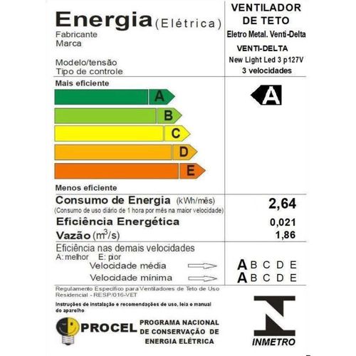 VENTILADOR DE TETO VENTI DELTA NEW LIGHT LED 3 PALETAS 127V MADEIRADO C3V