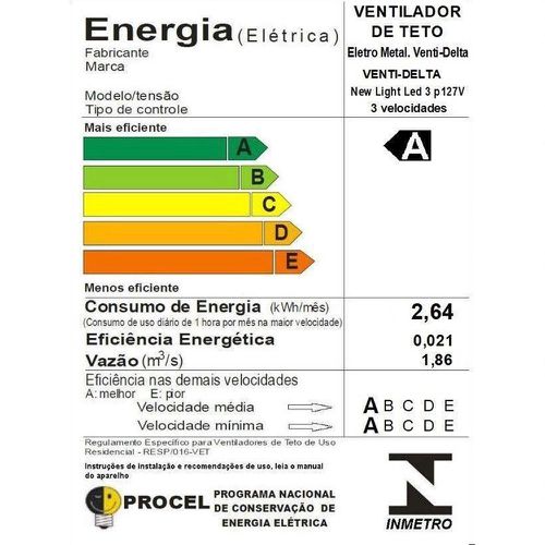 VENTILADOR DE TETO VENTI DELTA NEW LIGHT LED 3 PALETAS 127V MADEIRADO C3V