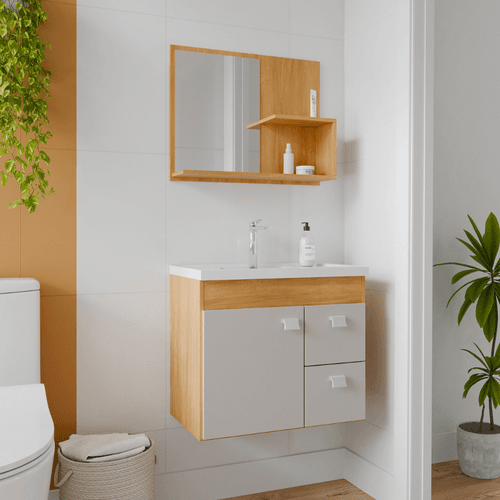 ARMARIO BANH.HORTENCIA 55CM C/ESPELHEIRA CINAMOMO/BRANCO