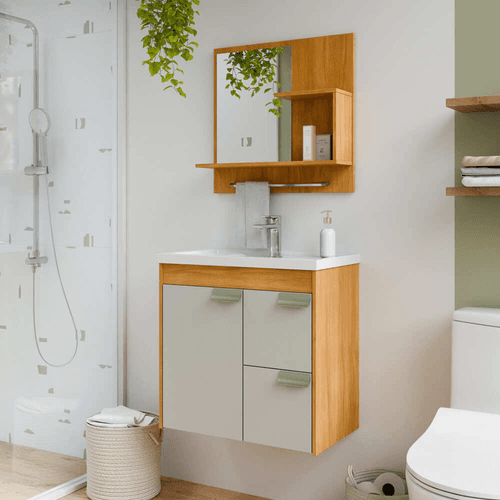 ARMARIO BANH.TULIPA 59CM C/ESPELHEIRA CINAMOMO/BRANCO