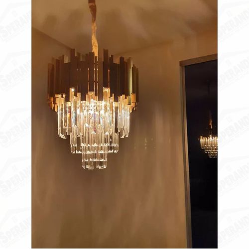 LUSTRE PENDENTE MIDAS REDONDO Ø40CM AÇO, ALUMÍNIO E CRISTAL DOURADO E TRANSPARENTE - GERMANY BLUMENAU