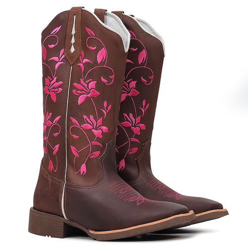 Bota Texana Feminina Floral Rosa em Couro - TEXASKING