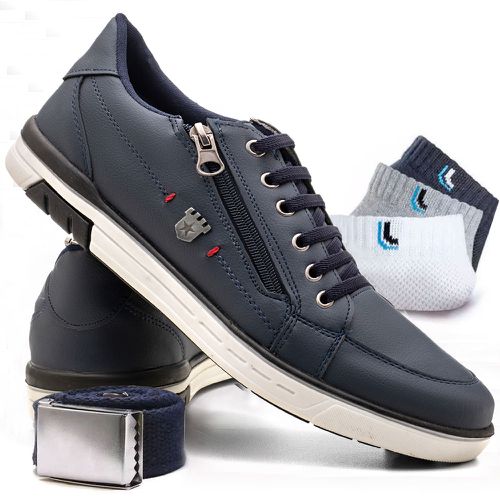Kit Sapatenis Masculino Franshoes Calce Facil Azul... - FRANSHOES