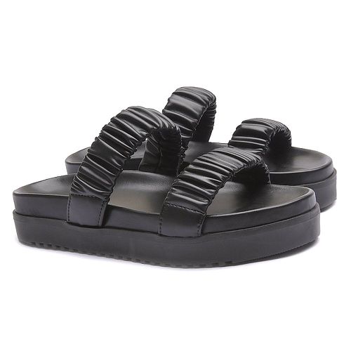 Rasteira Birken Franshoes Preto com Tiras Franzida - FRANSHOES