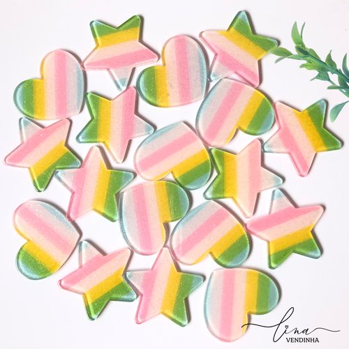 Coração /Estrela Acrílico Listrado Candy (2Uni) - VENDINHA LINA