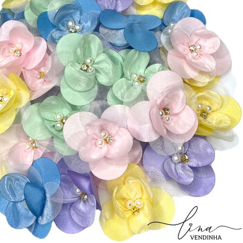 Flor Organza com Pérolas 5CM (2Uni.) - VENDINHA LINA