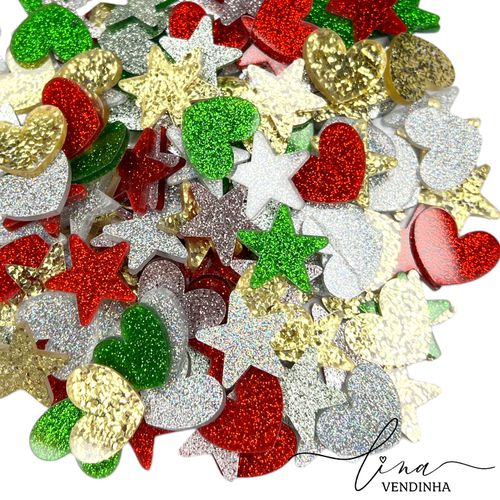 Kit Natal Coração/Estrela Acrílico 2CM (8Uni.) - VENDINHA LINA